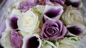 Фиолетовые розы в красивом букете на восьмое марта