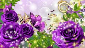 Фиолетовые розы и бабочка, картинка на 8 марта