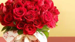 Букет красных роз на 8 марта на пастельном фоне