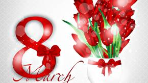 Открытка с красивым букетом тюльпанов на 8 марта