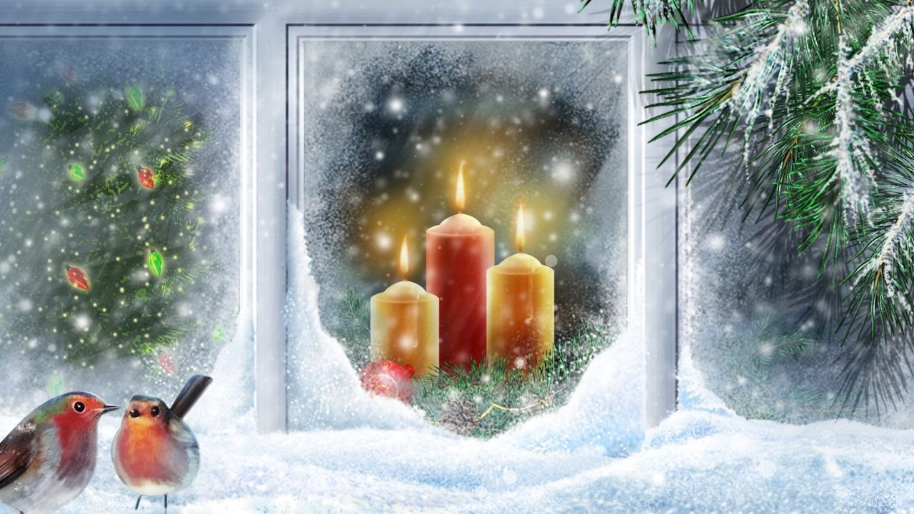 Птицы на окне в Рождество - C Рождеством Христовым поздравительные картинки