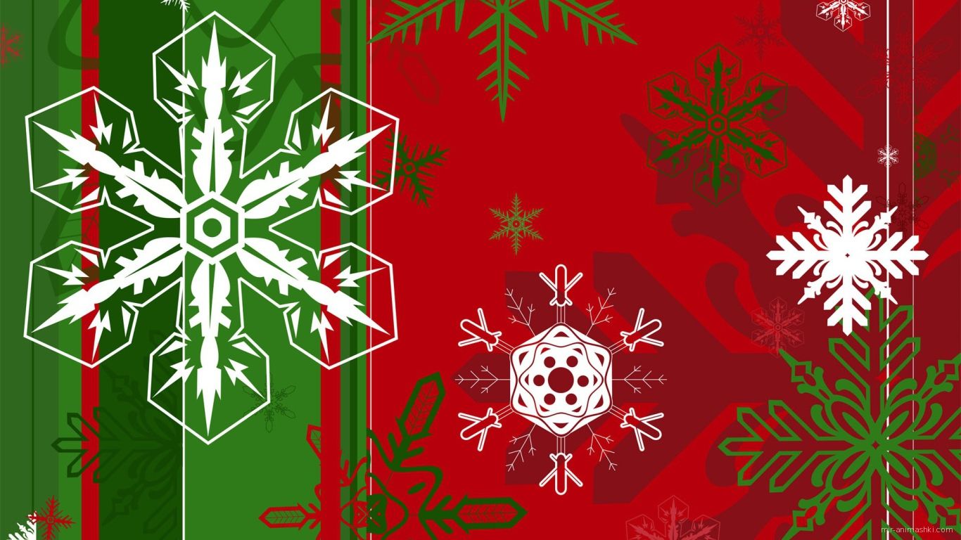 Снежинки разной формы на зелёно-красном фоне на рождество - C Рождеством Христовым поздравительные картинки