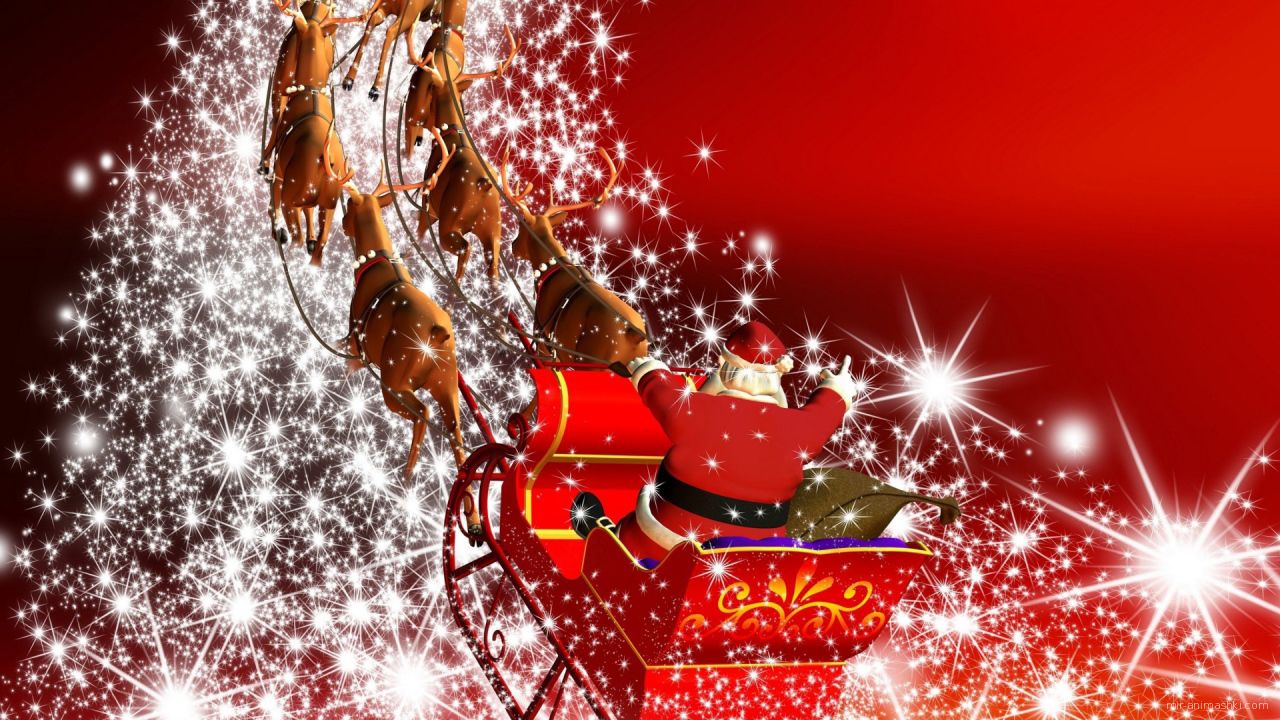 Дед Мороз в упряжке мчится вдаль на рождество - C Рождеством Христовым поздравительные картинки