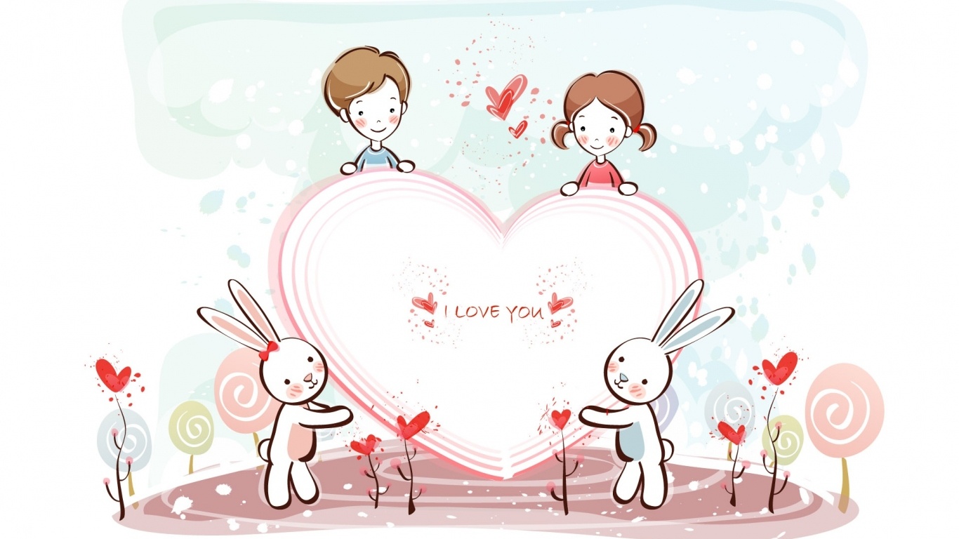 Дети и зайчики День Св. Валентина - С днем Святого Валентина поздравительные картинки