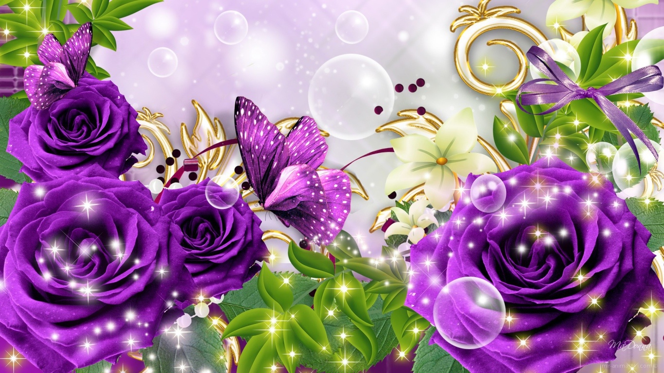 Фиолетовые розы и бабочка, картинка на 8 марта - C 8 марта поздравительные картинки