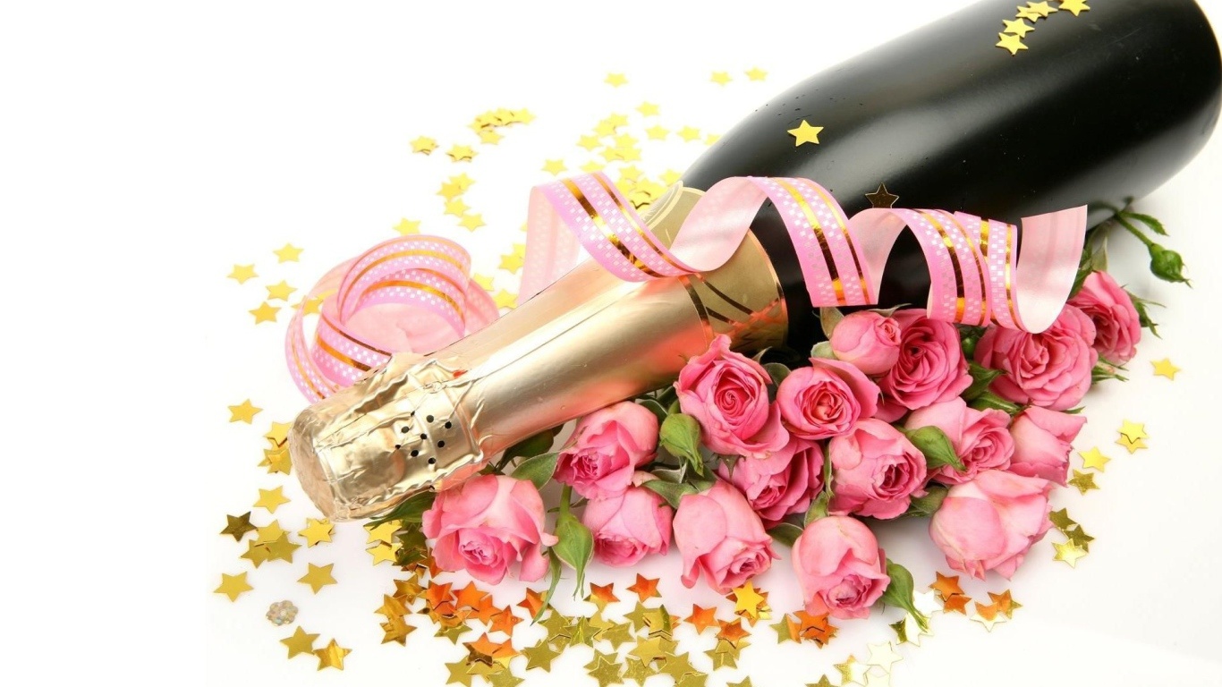 Шампанское и букет роз для любимой на 8 марта - C 8 марта поздравительные картинки