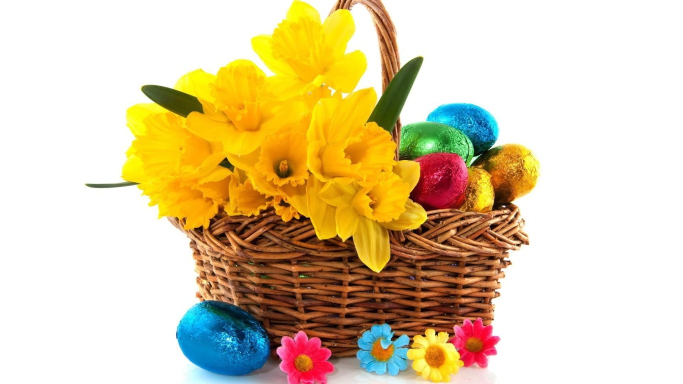Желтые цветы и яйца на Пасху - C Пасхой поздравительные картинки