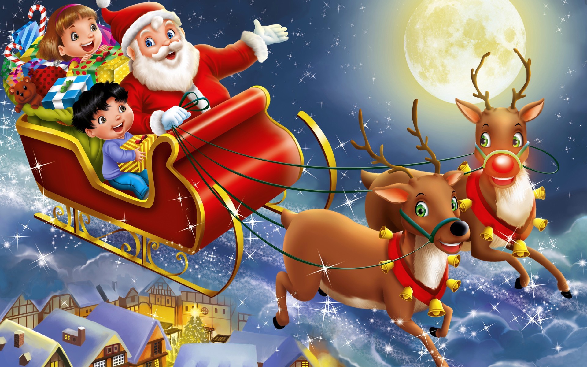 Санта клаус с детьми на оленях - C Рождеством Христовым поздравительные картинки