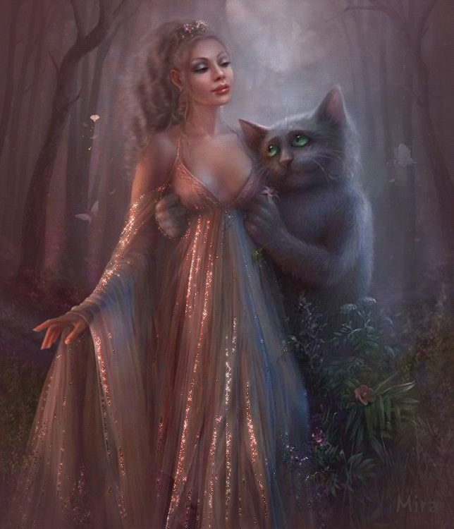 Маргарита и кот Бегемот~Анимационные блестящие открытки GIF