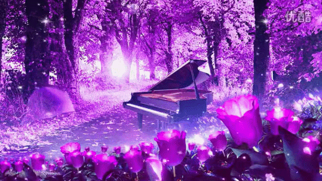 Пианино в цветочном лесу~Анимационные блестящие открытки GIF