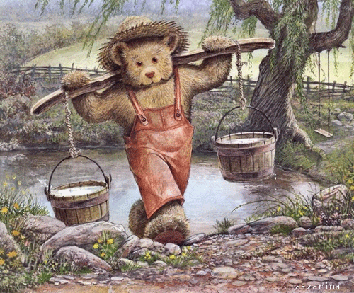 Медвежонок с коромыслом~Анимационные блестящие открытки GIF