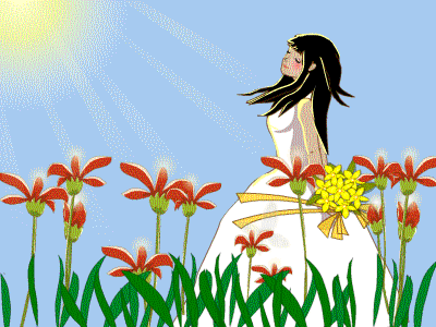 Девушка на цветочной поляне~Анимационные блестящие открытки GIF