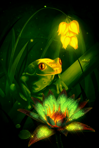 Сказочная лягушка и цветок~Анимационные блестящие открытки GIF