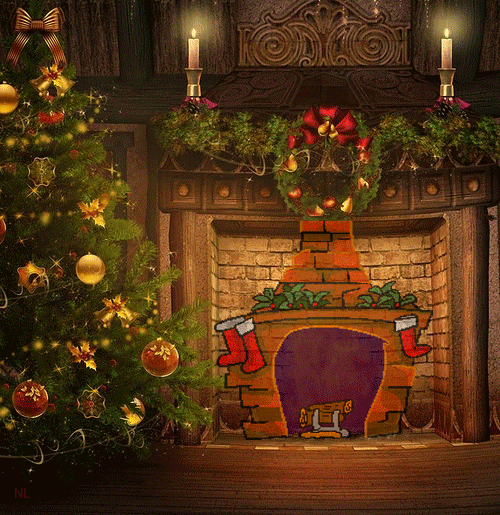 Дед Мороз из камина~Анимационные блестящие открытки GIF