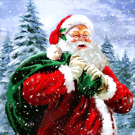Дед Мороз с мешком подарков спешит на Новый год~Анимационные блестящие открытки GIF
