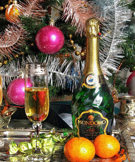 Новогоднее шампанское~Анимационные блестящие открытки GIF