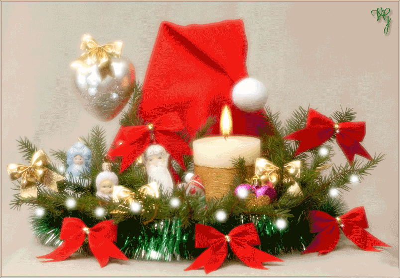 Новогодний венок, игрушки, красный колпак, красные~Анимационные блестящие открытки GIF