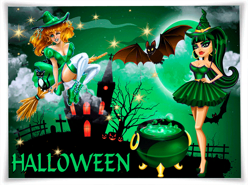 Открытка с ведьмочками Хэллоуин~Анимационные блестящие открытки GIF