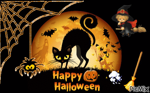 Кот и летучая мышь - Хэллоуин открытки и картинки