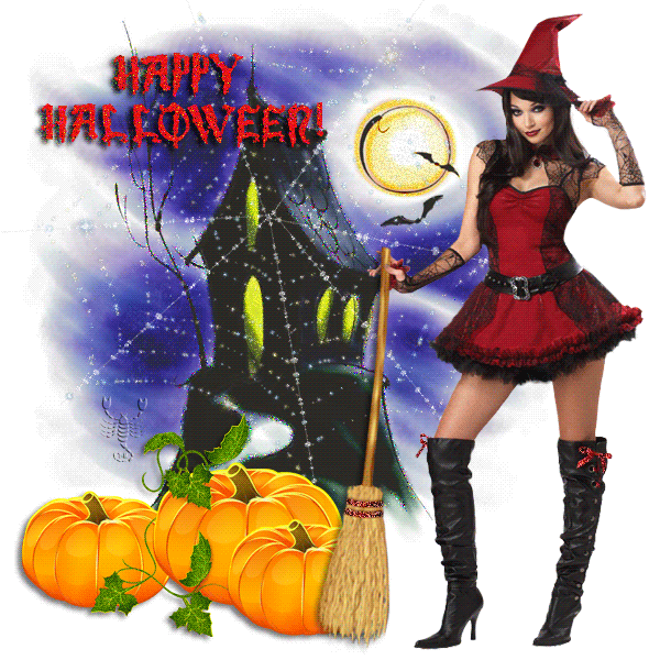 Ведьма с метлой! Happy Halloween!~Анимационные блестящие открытки GIF