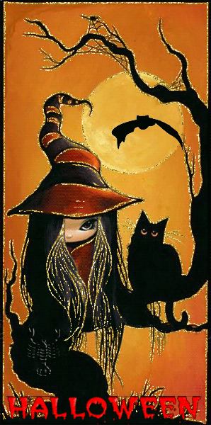 Ведьмочка и кот~Анимационные блестящие открытки GIF