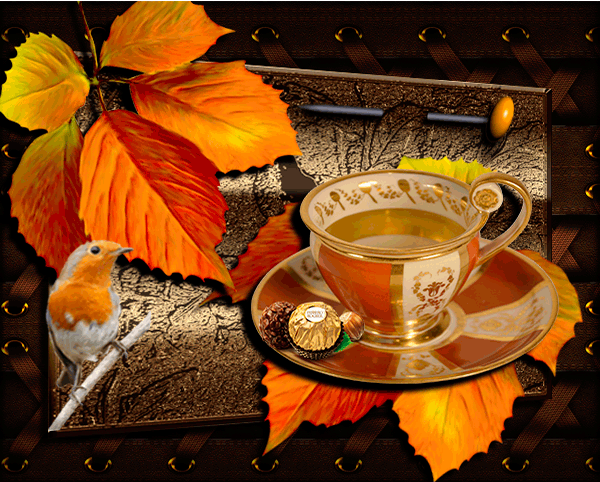 Осень, чашка чая~Анимационные блестящие открытки GIF