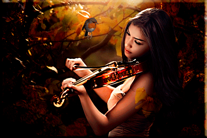 Скрипачка в осеннем лесу~Анимационные блестящие открытки GIF