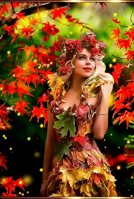Осень в платье из кленовых листьев~Анимационные блестящие открытки GIF