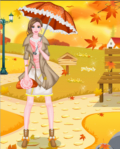 Девушка осень с зонтом~Анимационные блестящие открытки GIF