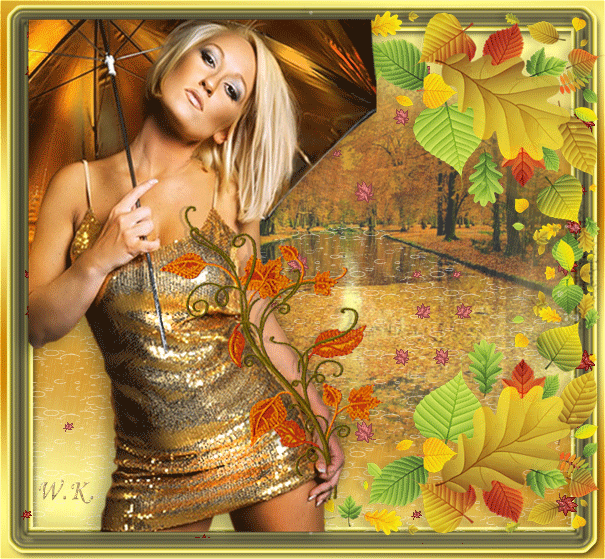 Осень, дождь, листопад и девушка~Анимационные блестящие открытки GIF
