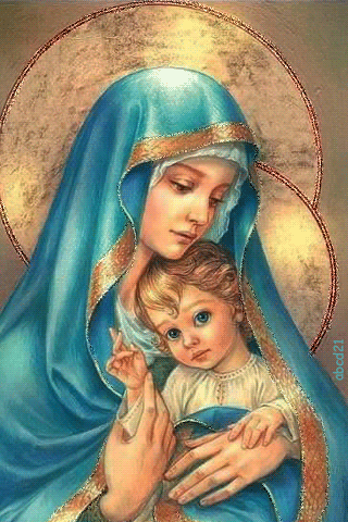 Матерь Божья и младенец Иисус~Анимационные блестящие открытки GIF