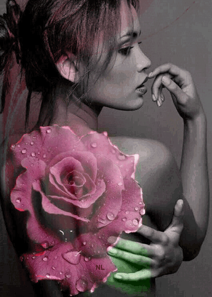 Девушка и роза~Анимационные блестящие открытки GIF