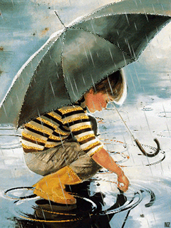 Мальчик под зонтом~Анимационные блестящие открытки GIF