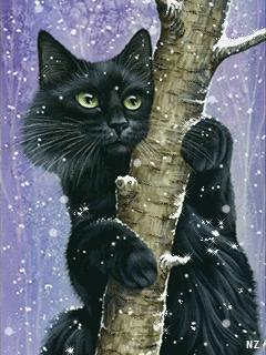 Кот на дереве~Анимационные блестящие открытки GIF