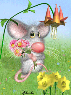 Мышонок с цветами~Анимационные блестящие открытки GIF