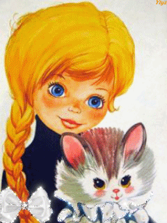 Девочка с котенком~Анимационные блестящие открытки GIF