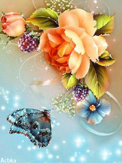 Цветок и бабочка~Анимационные блестящие открытки GIF