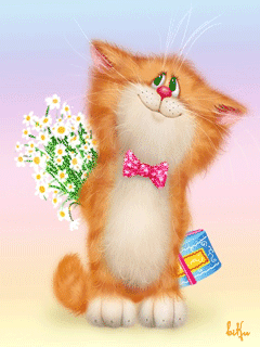 Рыжий кот в телефон~Анимационные блестящие открытки GIF