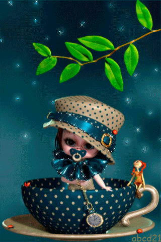 Кукла в чашке~Анимационные блестящие открытки GIF