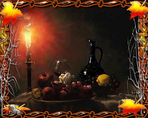 Свеча и фрукты~Анимационные блестящие открытки GIF