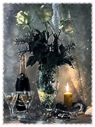 Розы, шампанское и свечи~Анимационные блестящие открытки GIF