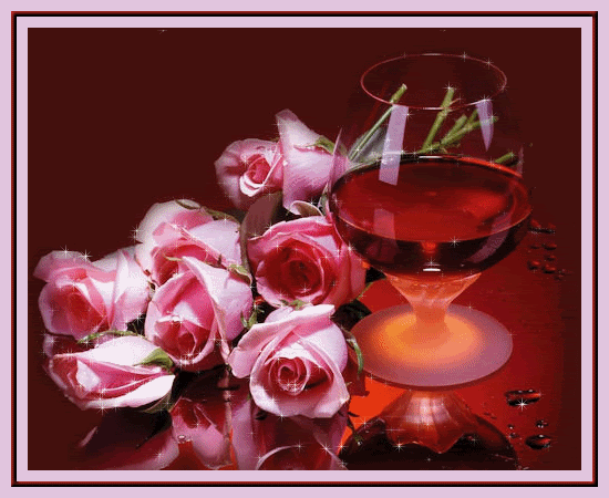Розовые розы и вино в бокале~Анимационные блестящие открытки GIF