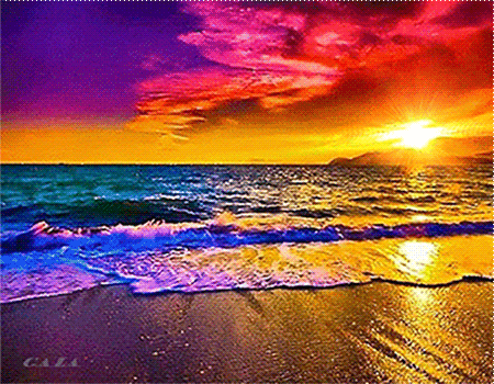 Закат над морем~Анимационные блестящие открытки GIF