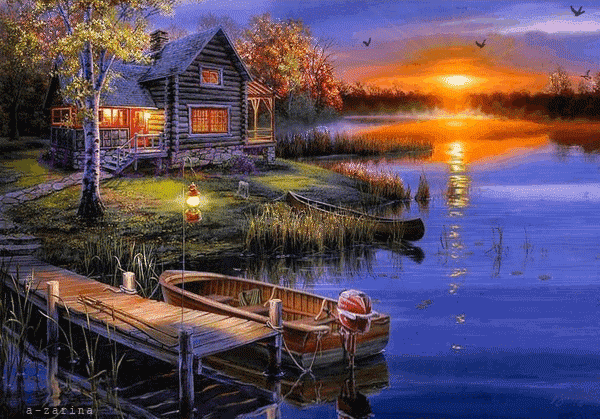 Красивый закат на берегу реки~Анимационные блестящие открытки GIF