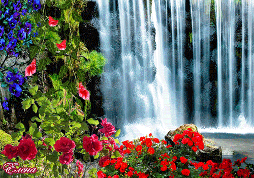 водопад в цветах~Анимационные блестящие открытки GIF