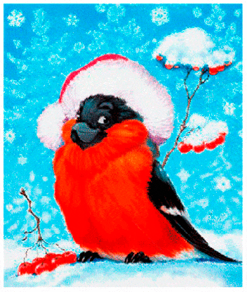 Снегирь в шапке Санта Клауса~Анимационные блестящие открытки GIF