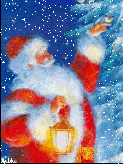 Дед Мороз с птичкой~Анимационные блестящие открытки GIF