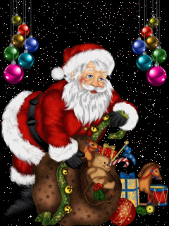 Санта Клаус с подарками~Анимационные блестящие открытки GIF