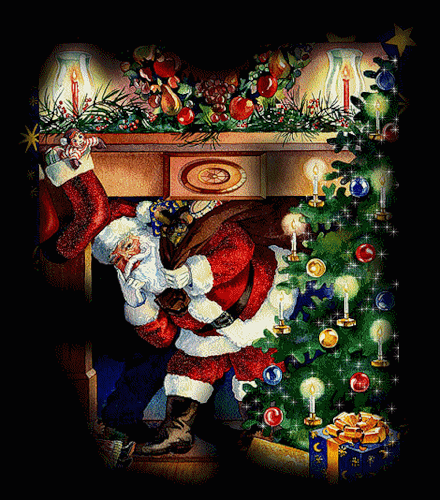 Санта-Клаус с подарками.~Анимационные блестящие открытки GIF