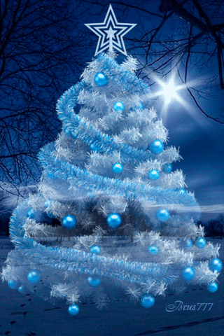 Вращающаяся голубая новогодняя ёлка~Анимационные блестящие открытки GIF